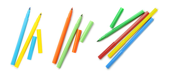 Set of many bright colorful markers on white background, top view