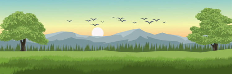 Obraz premium Vector morning landscape illustration with birds