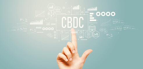 CBDC - Central Bank Digital Currency Concept with hand pressing a button on a technology screen