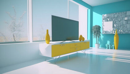 Contemporary and comfortable living room at night interior design with large TV screen on the wall