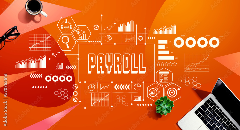 Poster payroll theme with a laptop computer on a orange pattern background
