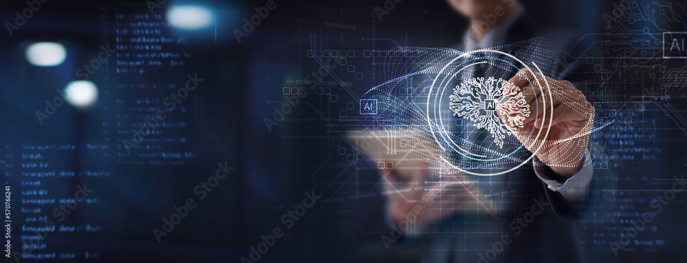 Poster ai technology. businessman touching virtual digital brain with machine learning of artificial intell