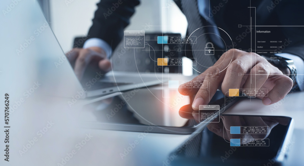Poster document management system dms, enterprise content management, businessman working on digital tablet