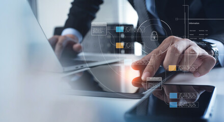 Document management system DMS, Enterprise content management, Businessman working on digital tablet with digital document, managing files data, paperless workflow, data search, cloud technology