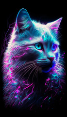 A black light painting of a white cat with blue eyes, in a dark room filled with neon lights and glow-in-the-dark decorations. Generative AI