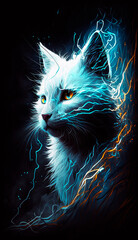 A black light painting of a white cat with blue eyes. Generative AI