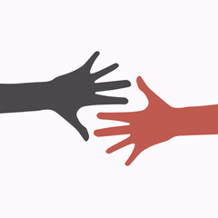 Illustration isolated vector of two hands reached each other, in black and red color, symbolize teamwork, togetherness, vote, care, help, charity, love, comunication