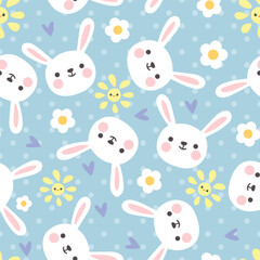 Obraz na płótnie Canvas Happy white bunny with sun, flowers and hearts on a cute blue polka dot background. Kids vector seamless pattern.