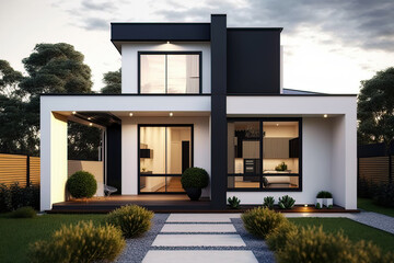 Ultra modern, minimalistic, stylish house in white and black.  Generative AI.