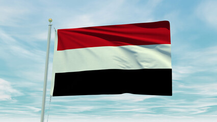 Seamless loop animation of the Yemen flag on a blue sky background. 3D Illustration