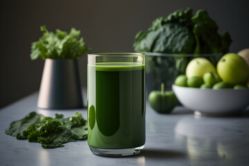 Invigorating glass of cold pressed green juice with fresh kale, spinach, and cucumber on a sleek metal table in a minimalist workout studio, generative ai - obrazy, fototapety, plakaty