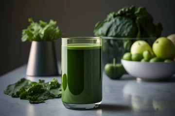 Fotobehang Invigorating glass of cold pressed green juice with fresh kale, spinach, and cucumber on a sleek metal table in a minimalist workout studio, generative ai © aicandy