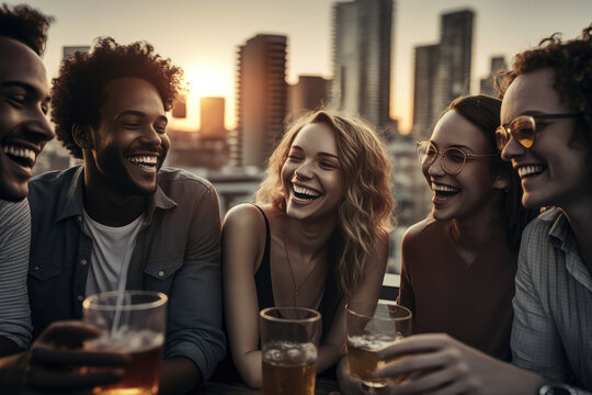 Laughing group of friends clinking glasses at a bustling rooftop bar with city skyline in background, generative ai