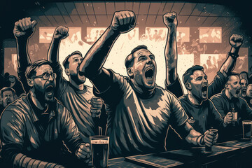 Fototapeta na wymiar Proud group of male football fans clinking beers in victory salute at noisy sports bar, generative ai