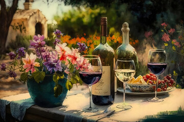 Relaxing Wine Tasting in a Beautiful Garden with Grape Vines and Flowers, generative ai