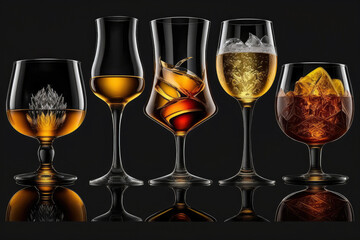Sophisticated alcoholic drink collection isolated on a bold black background, generative ai