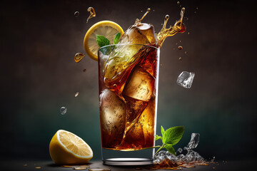 Tasty Long Island Ice Tea being poured into a tall glass with ice cubes, generative ai - obrazy, fototapety, plakaty