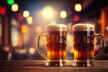 Two frosty beer mugs on a bar with a blurred background of a lively pub and happy patrons, generative ai - obrazy, fototapety, plakaty