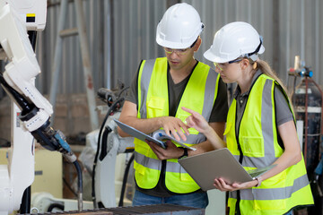 Engineer man and woman talking and explaining about robot arms technology intelligence and innovation at factory, development machine robotic, people examining machine electronic, industry concept.