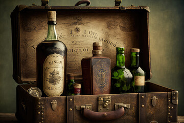 Vintage alcohol bottles and glasses arranged on a distressed antique trunk, generative ai - obrazy, fototapety, plakaty