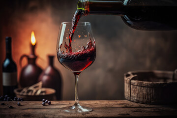 A glass of rich red wine being filled to the brim with a slow pour from a bottle, set against a blurred background, generative ai - obrazy, fototapety, plakaty