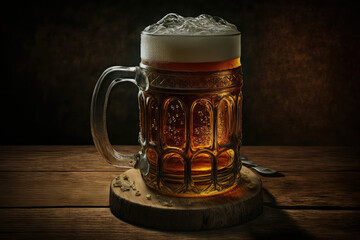 A stein of beer with a frothy head, on a wooden table, generative ai