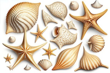 Fototapeta na wymiar set of seashells and starfish, ai generated