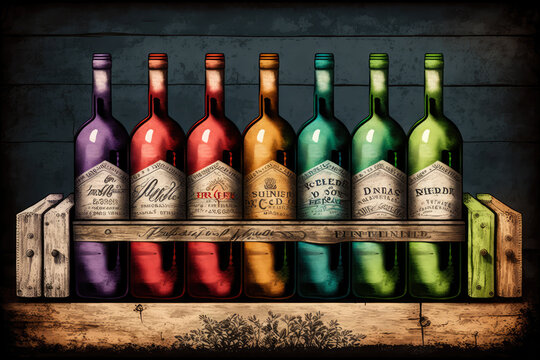 Assortment of wine bottles in different sizes and colors, stacked on a rustic wooden pallet, generative ai