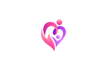 Care love family logo, heart, hand, parent and child symbol in modern design concept
