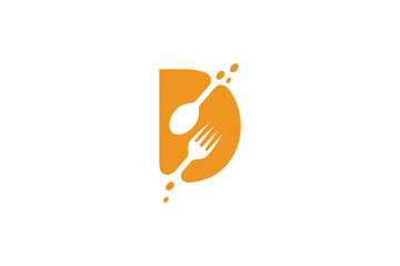 D food, letter d with cutlery in orange color flat design logo - obrazy, fototapety, plakaty