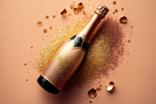Cheers to the New Year with a bottle of champagne and golden glitter on a beige background, generative ai