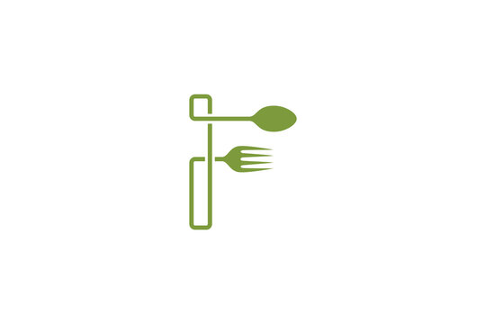 F Food, Food Logo With Letter F With Cutlery Symbol In Linear Design Style