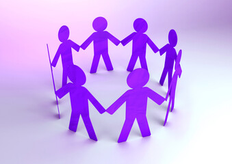 Paper cut out of silhouette of people united and holding hands in circle. Top View