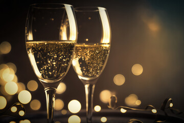 Elegant Celebration: A close-up of glasses of champagne with soft lighting in a formal setting, generative ai