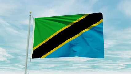Seamless loop animation of the Tanzania flag on a blue sky background. 3D Illustration