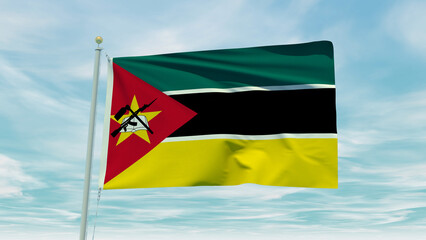 Seamless loop animation of the Mozambique flag on a blue sky background. 3D Illustration