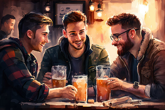 Friendship bonding moment - Three male friends enjoying cold beers and conversation at a rustic pub, generative ai