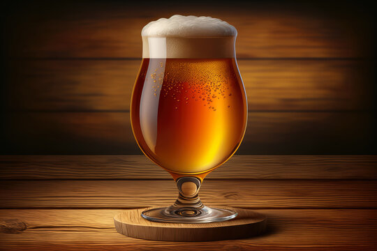 Golden brown beer in a clear glass with a frothy head on a wood plank background, generative ai
