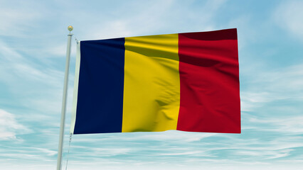 Seamless loop animation of the Chad flag on a blue sky background. 3D Illustration
