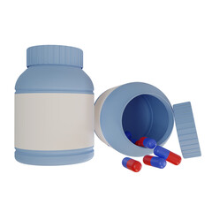medicine pill capsule with plastic bottle 3d render illustration, Medicine and health concept.