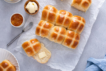 Traditional hot cross buns freshly baked for Easter brunch