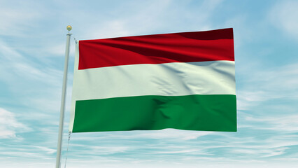 Fototapeta na wymiar Seamless loop animation of the Hungary flag on a blue sky background. 3D Illustration