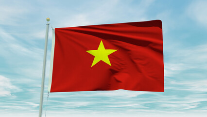 Seamless loop animation of the Vietnam flag on a blue sky background. 3D Illustration