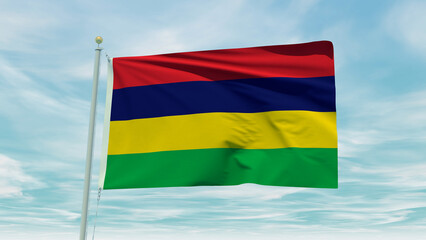 Seamless loop animation of the Mauritiusflag on a blue sky background. 3D Illustration
