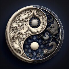 Stylized Ornate Yin-Yang Illustration - Blue and Ivory Ornate 1