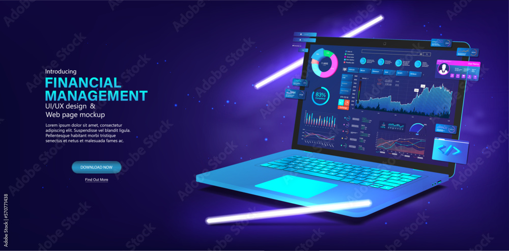 Poster futuristic 3d laptop with analytical dashboard, graphic, charts, infographics for analytics data and