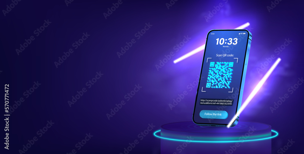 Fototapete Scan QR code in smartphone for pay. Concept following a link. 3D mobile phone with verification QR code. Scan the barcode. Smartphone in futuristic stage, podium with neon lamp. Vector banner