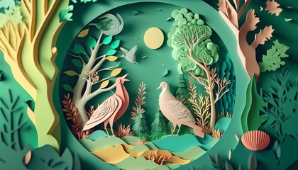 Paper Cut Art - Mother Nature - Protect and Love it. AI Generative. 