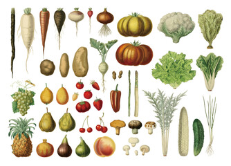 手書き風野菜や果物のベクターデータ　Vector data of handwritten style vegetables and fruits.