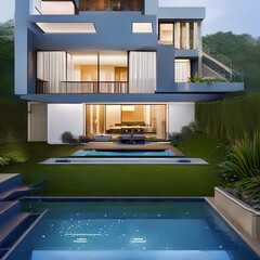 Fototapeta na wymiar Modern home with a floating staircase and a large indoor pool1, Generative AI